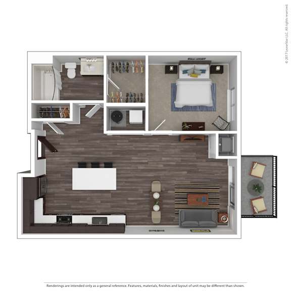 A floor plan of a room with a kitchen, living room, and two bedrooms.