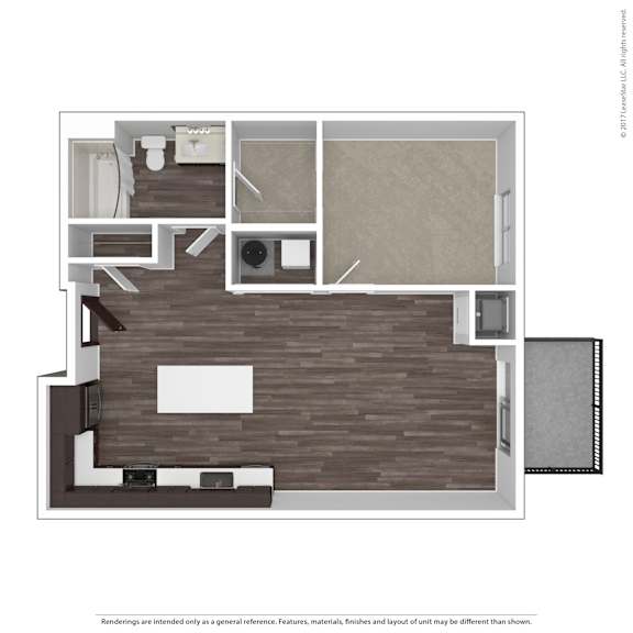 A floor plan of a house with a kitchen, living room, and two bathrooms.