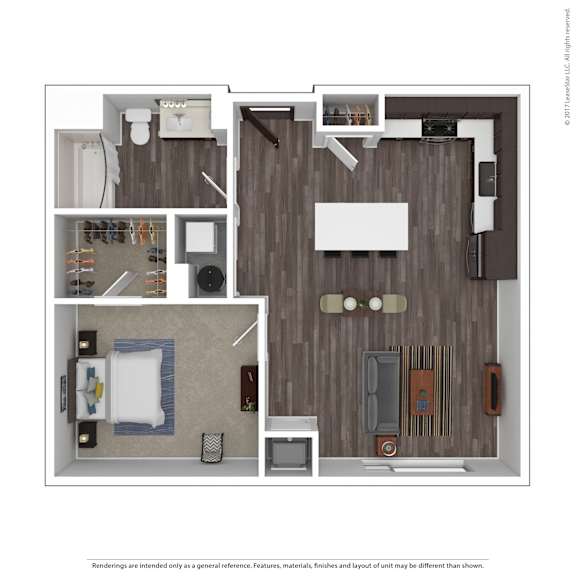 A floor plan of a small apartment with a kitchen, living room, and bathroom.