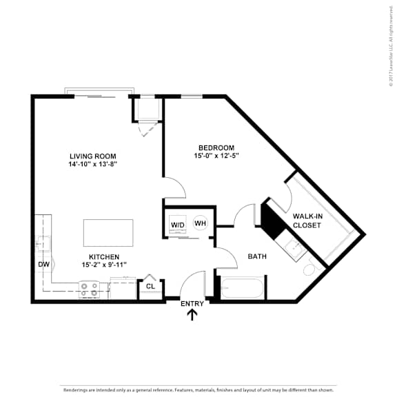 A floor plan of a home with a living room, bedroom, bathroom, and kitchen.
