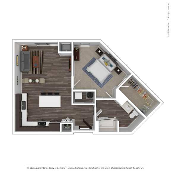 A floor plan of a small apartment with a kitchen, living room, and bedroom.