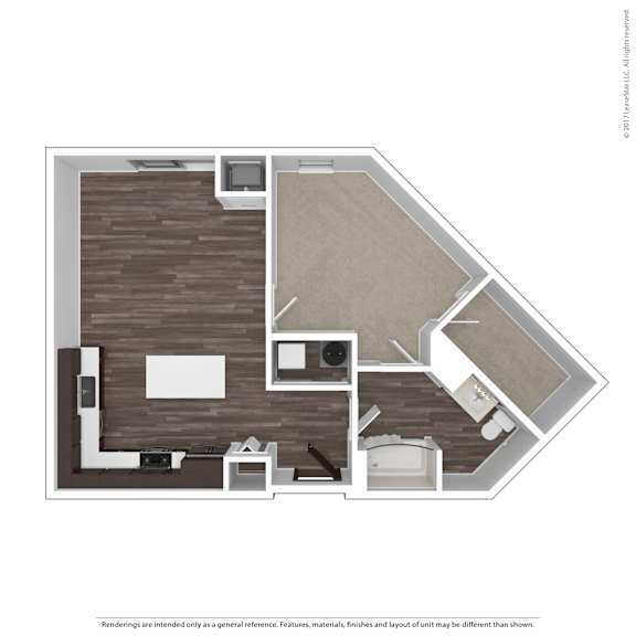 A floor plan of a room with a kitchen, living room, and bathroom.