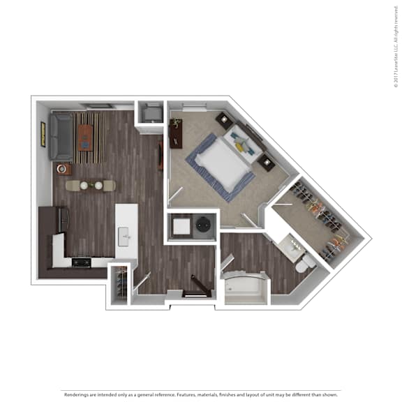 A floor plan of a house with a kitchen, living room, dining room, and bathroom.