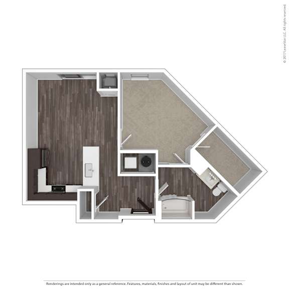 A floor plan of a house with a kitchen, living room, and two bedrooms.