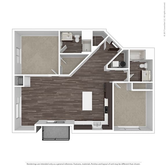 A floor plan of a house with a kitchen, living room, and two bedrooms.