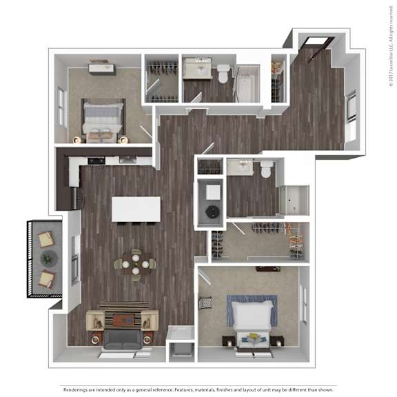A floor plan of a house with a living room, dining room, kitchen, and two bedrooms.