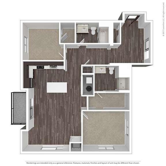 A floor plan of an apartment with a kitchen, living room, and two bedrooms.
