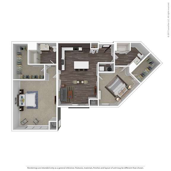 A floor plan of a house with a kitchen, living room, dining room, and two bedrooms.
