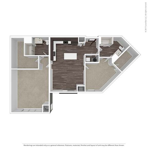 A 3D rendered image of a house layout.
