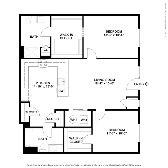 A black and white image of a floor plan for a home with two bedrooms, a living room, a kitchen, and a bath.