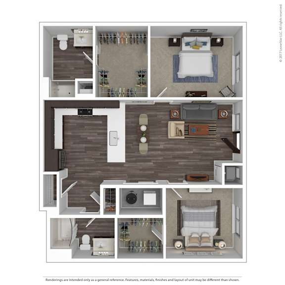 A series of images showing different layouts of a bedroom, bathroom, and living room.