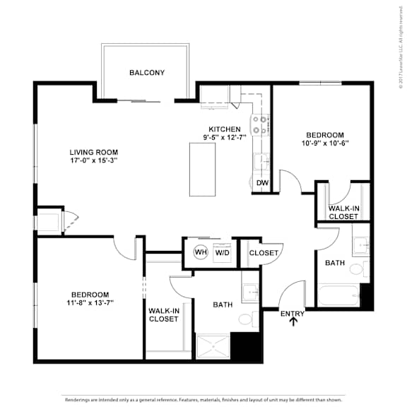A black and white image of a floor plan for a home with a living room, kitchen, two bedrooms, a bath, and a balcony.