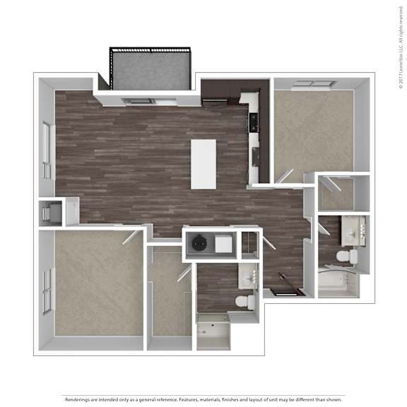 A floor plan of a house with a kitchen, living room, and two bedrooms.