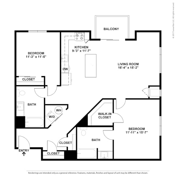 A black and white image of a floor plan for a two bedroom apartment.