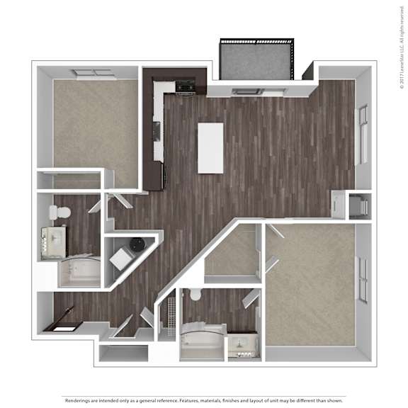 A floor plan of a house with a kitchen, living room, and two bedrooms.