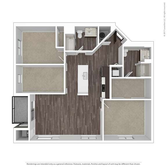 A floor plan of a house with a kitchen, living room, and two bedrooms.