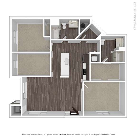 A drawing of a house with a kitchen, living room, and two bedrooms.
