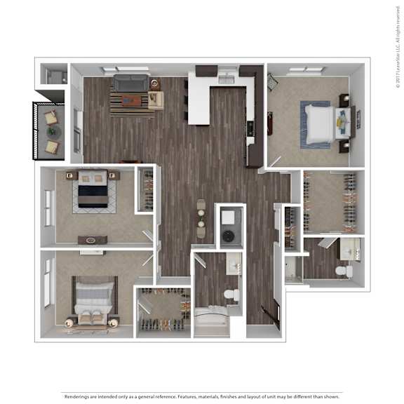 A floor plan of a house with a kitchen, living room, bedrooms and bathrooms.