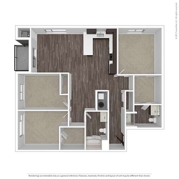 A 3D rendered image of a house layout.