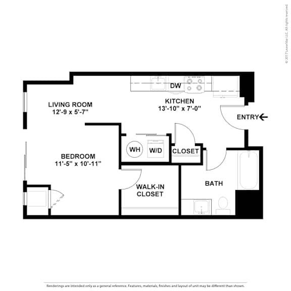 A black and white image of a floor plan for a home with a living room, kitchen, bedroom, and bathroom.