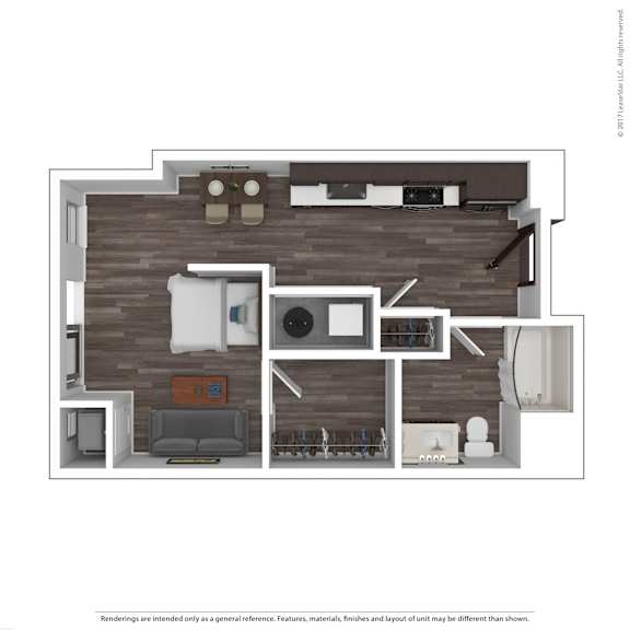 A floor plan of a house with a kitchen, living room, and bathroom.