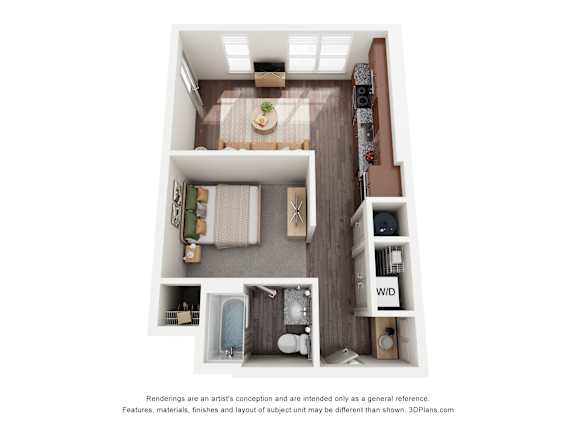 A 3D floor plan of a small apartment with a kitchen, living room, and bathroom.