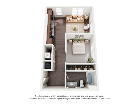 a stylized floor plan with a bedroom and a living room