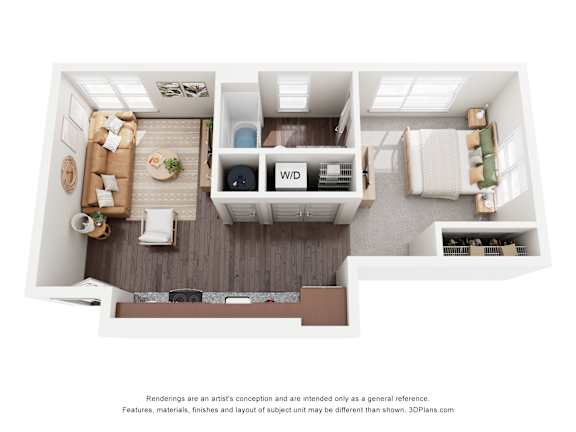 A 3D floor plan of a small apartment with a kitchen, living room, and bedroom.