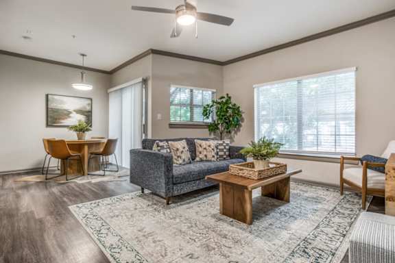 A living room with a grey couch, a wooden coffee table, and a rug.