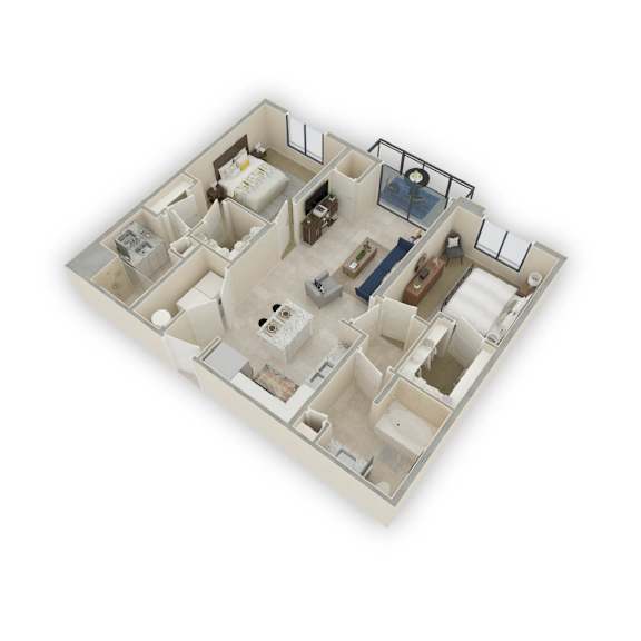 Floor Plan  A 3D floor plan of a house with a kitchen, living room, and bathroom.