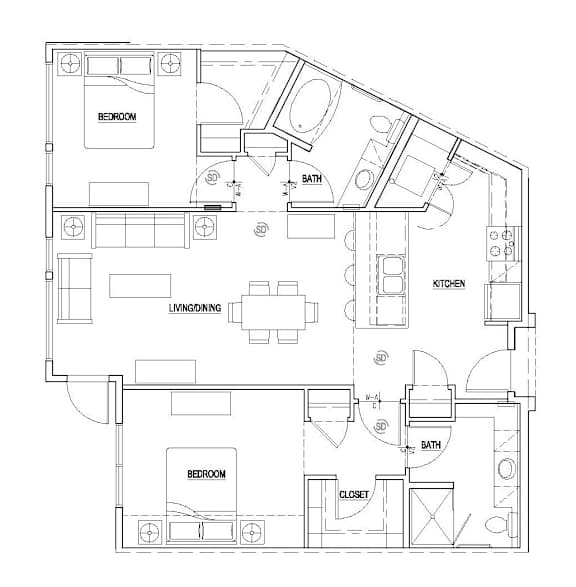 Floor Plan  A floor plan of a house with two bedrooms, a living/dining area, a kitchen, and two bathrooms.