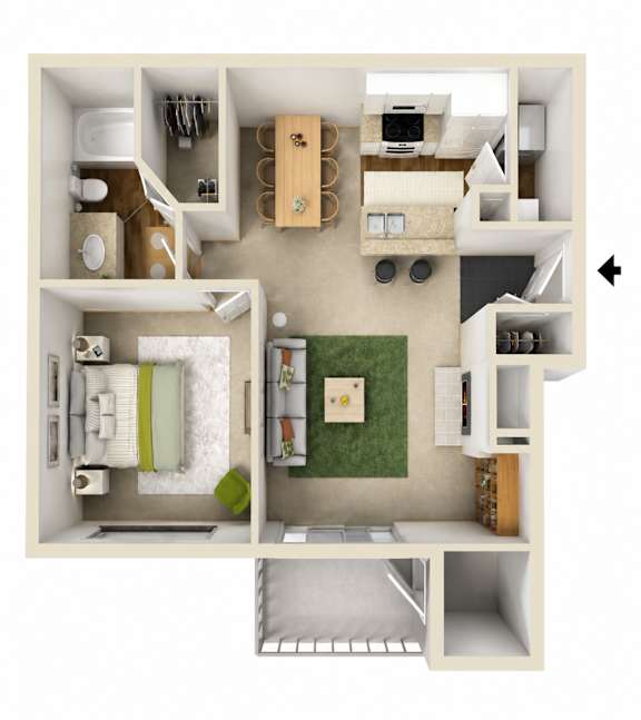Floor Plan  A 3D floor plan of a small apartment with a kitchen, living room, and bathroom.