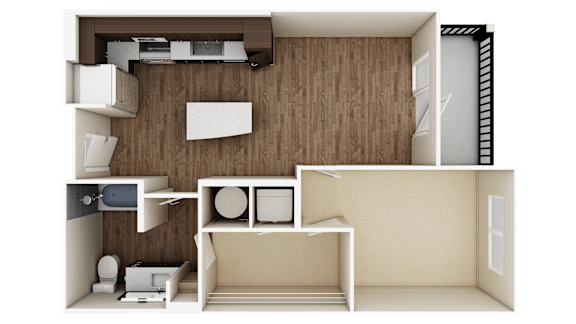 A 3D rendered image of a small apartment layout.