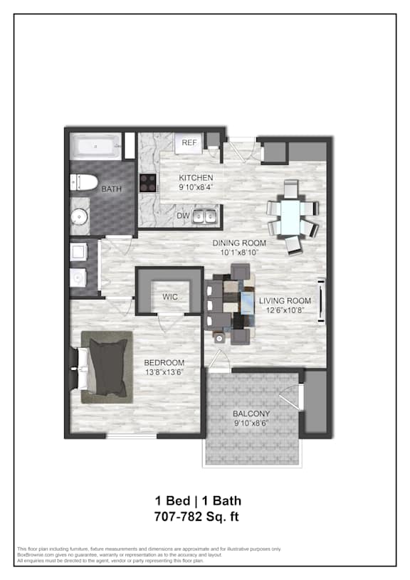 A floor plan of a 1 bedroom apartment with a bath.