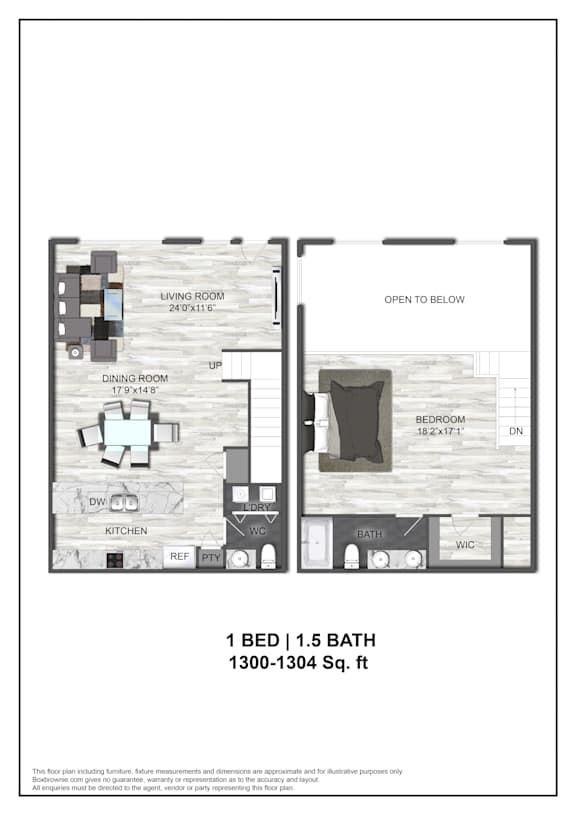 A floor plan of a one bedroom apartment.