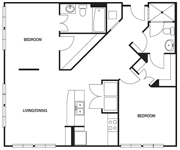 A black and white image of a floor plan for a home with three bedrooms.
