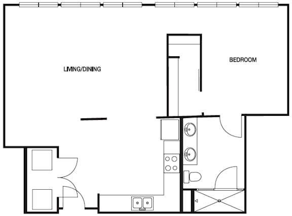 A black and white drawing of a floor plan for a living and dining room and bedroom.