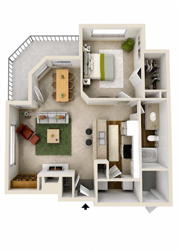 A top down view of a small apartment with a kitchen, living room, and bathroom.
