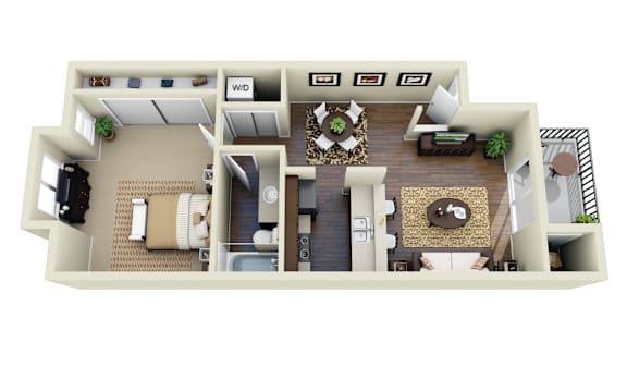 A 3D floor plan of a house with a living room, dining room, kitchen, and bathrooms.