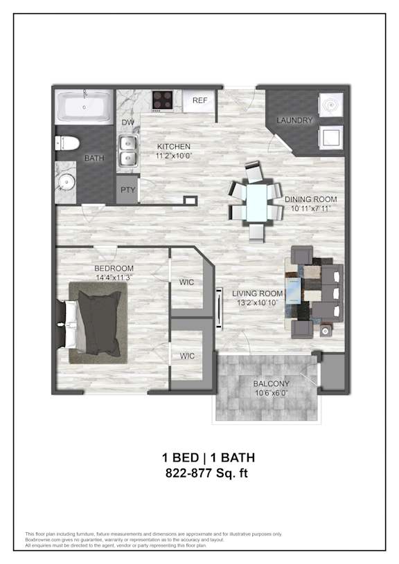 A floor plan of a one bedroom, one bath apartment.