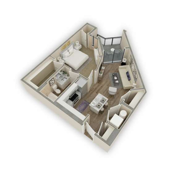 A 3D floor plan of a small apartment with a kitchen, living room, and bedroom.