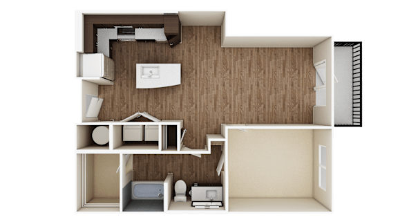 A 3D rendered image of a house layout.