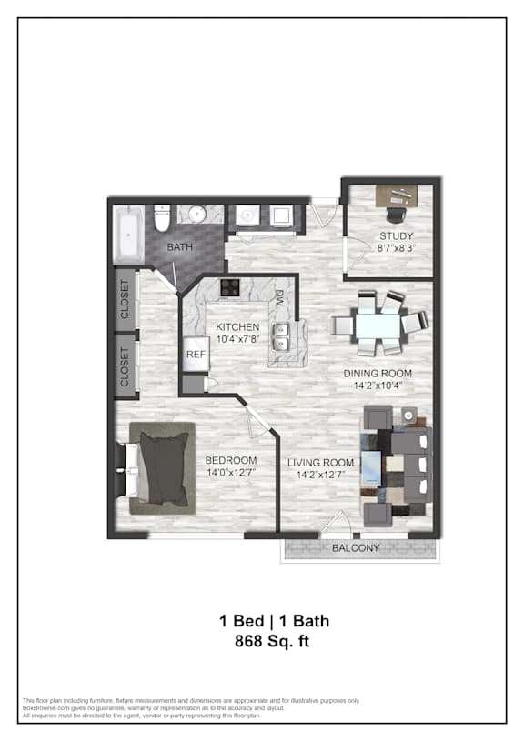 A floor plan of a one bedroom apartment with a bath.