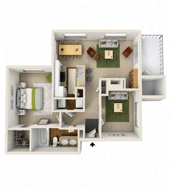 A top-down view of a small apartment layout with a kitchen, living room, and bathroom.