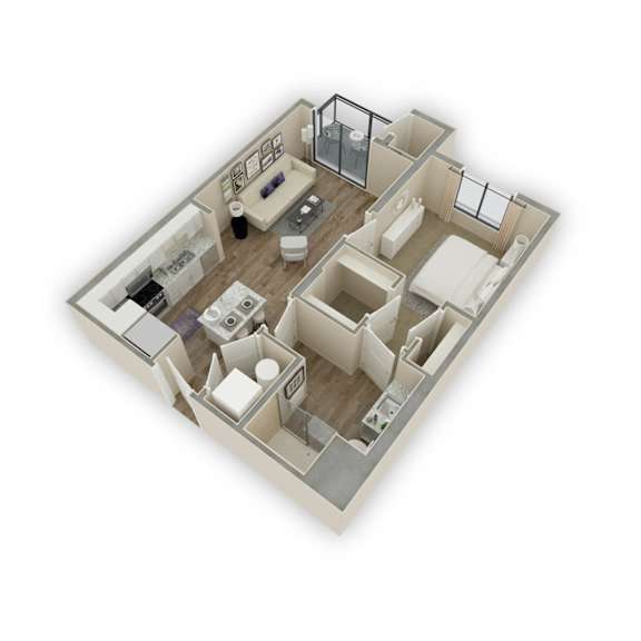 A 3D rendered image of a house layout.