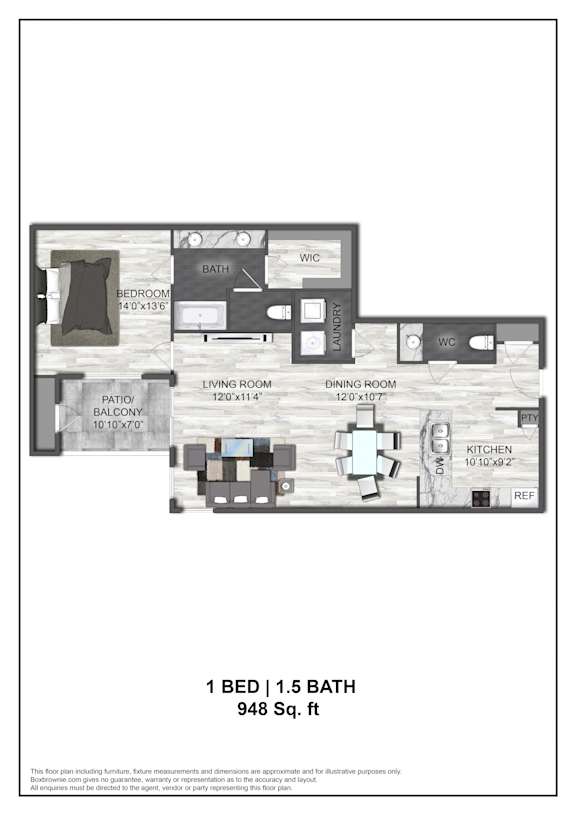 A floor plan of a one bedroom apartment with a bathroom, living room, dining room, kitchen, and patio.