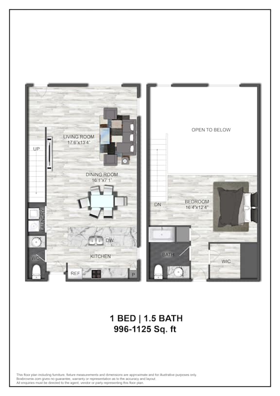 A floor plan of a one bedroom, one bathroom apartment.