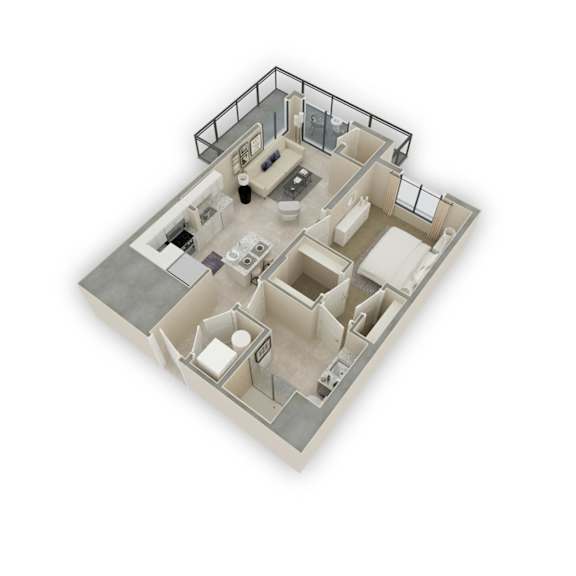 A 3D floor plan of a house with a kitchen, living room, and two bedrooms.