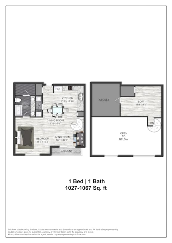 A floor plan of a one bedroom apartment with a bath.