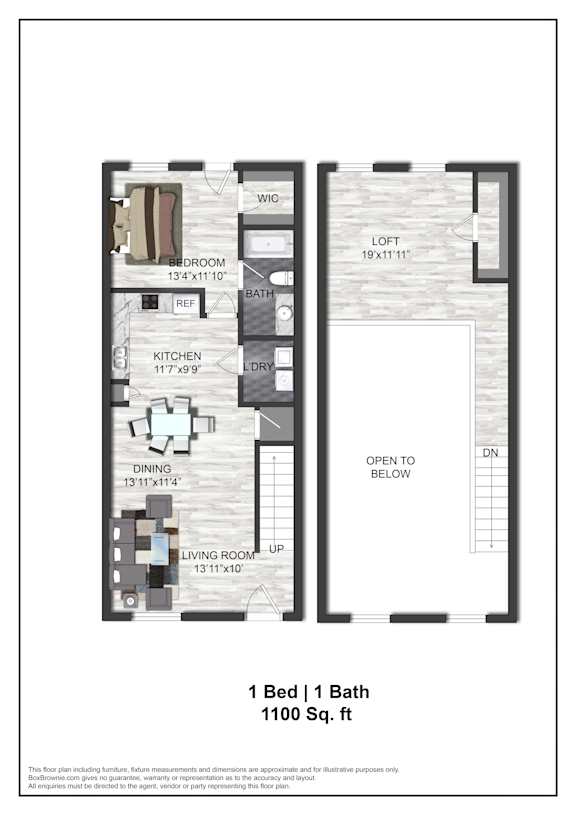 A floor plan of a one bedroom apartment with a bath.
